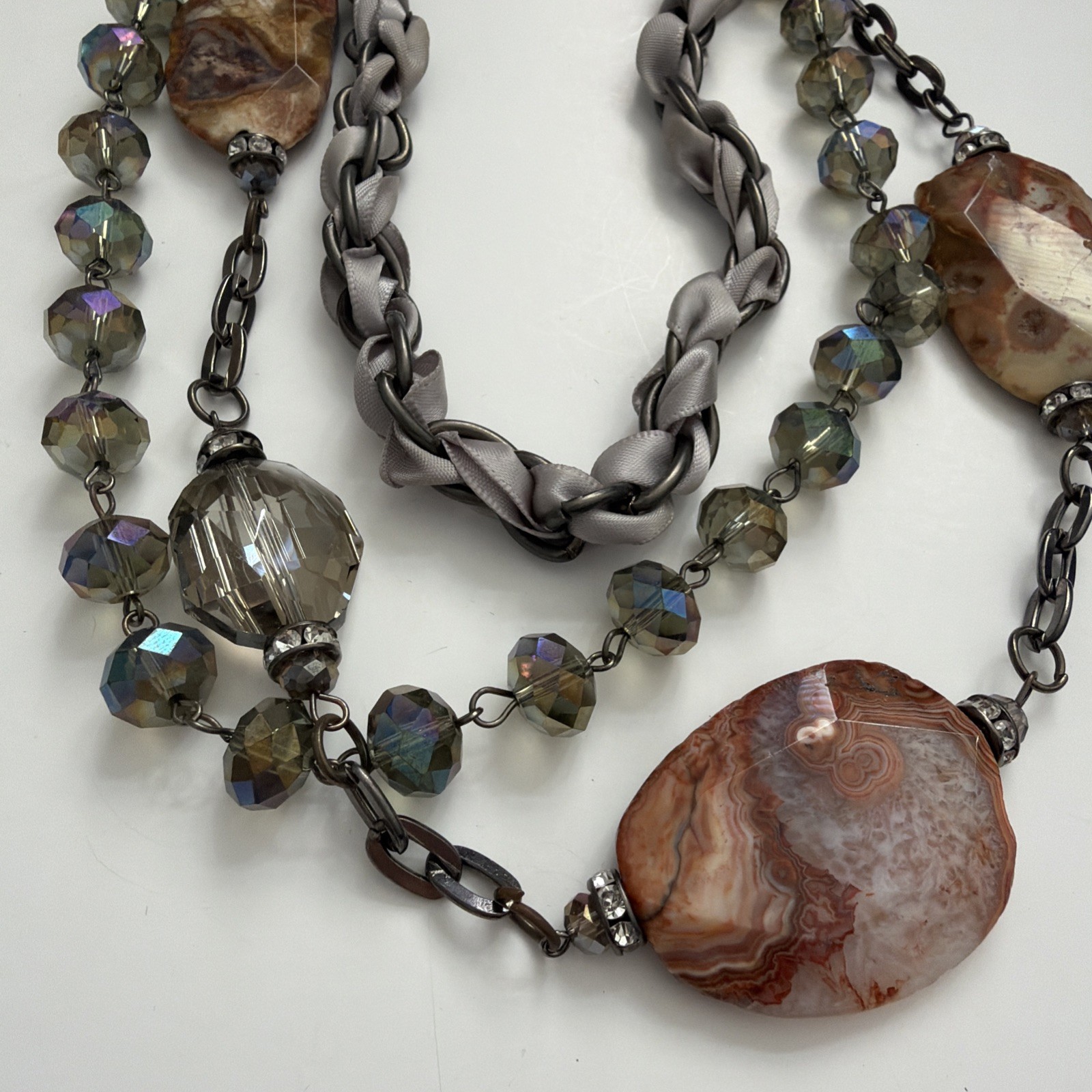 Vintage Cookie Lee Multi Strand Statement Necklace Agate Crystal Gunmetal Gray