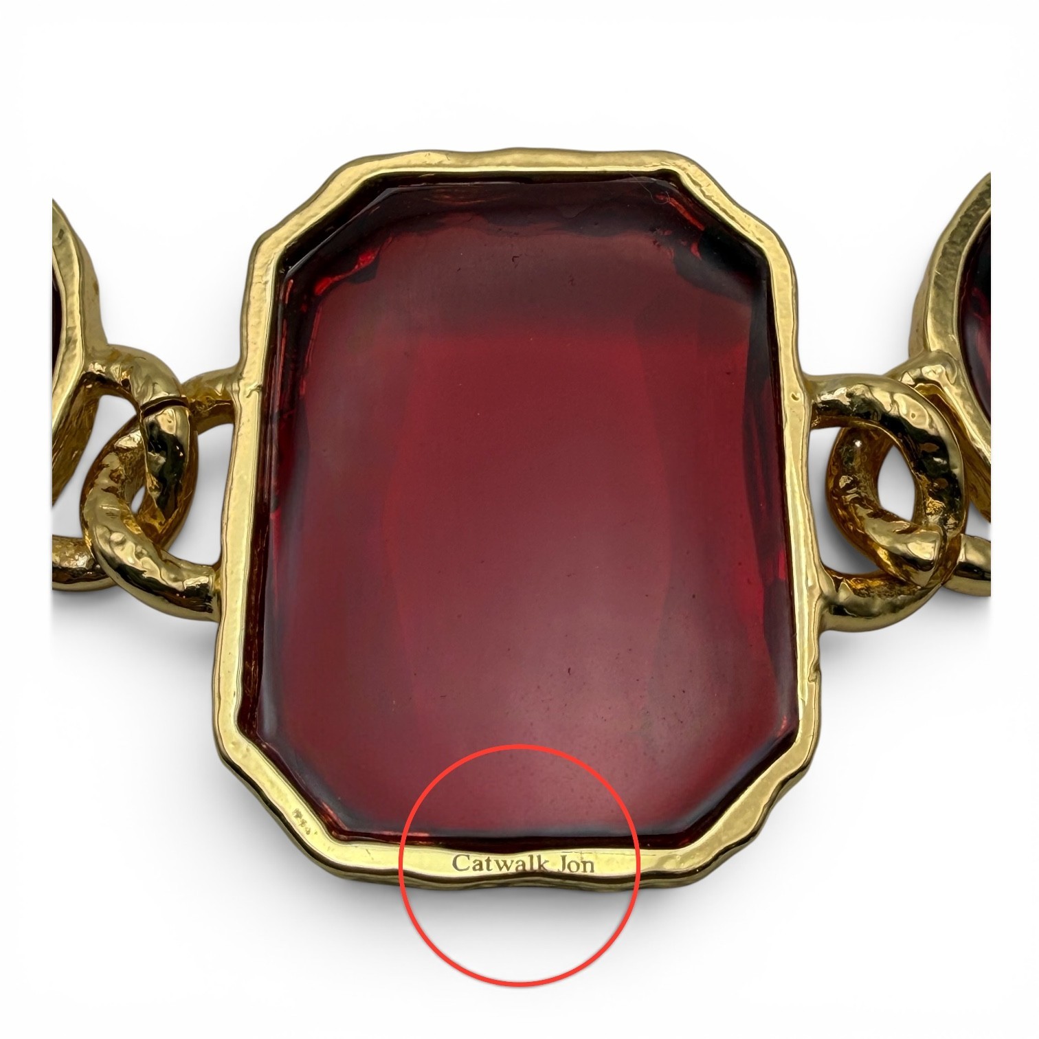 Catwalk Jon New Signed Rich Red Acrylic Collar Necklace Gold Tone Statement 19”