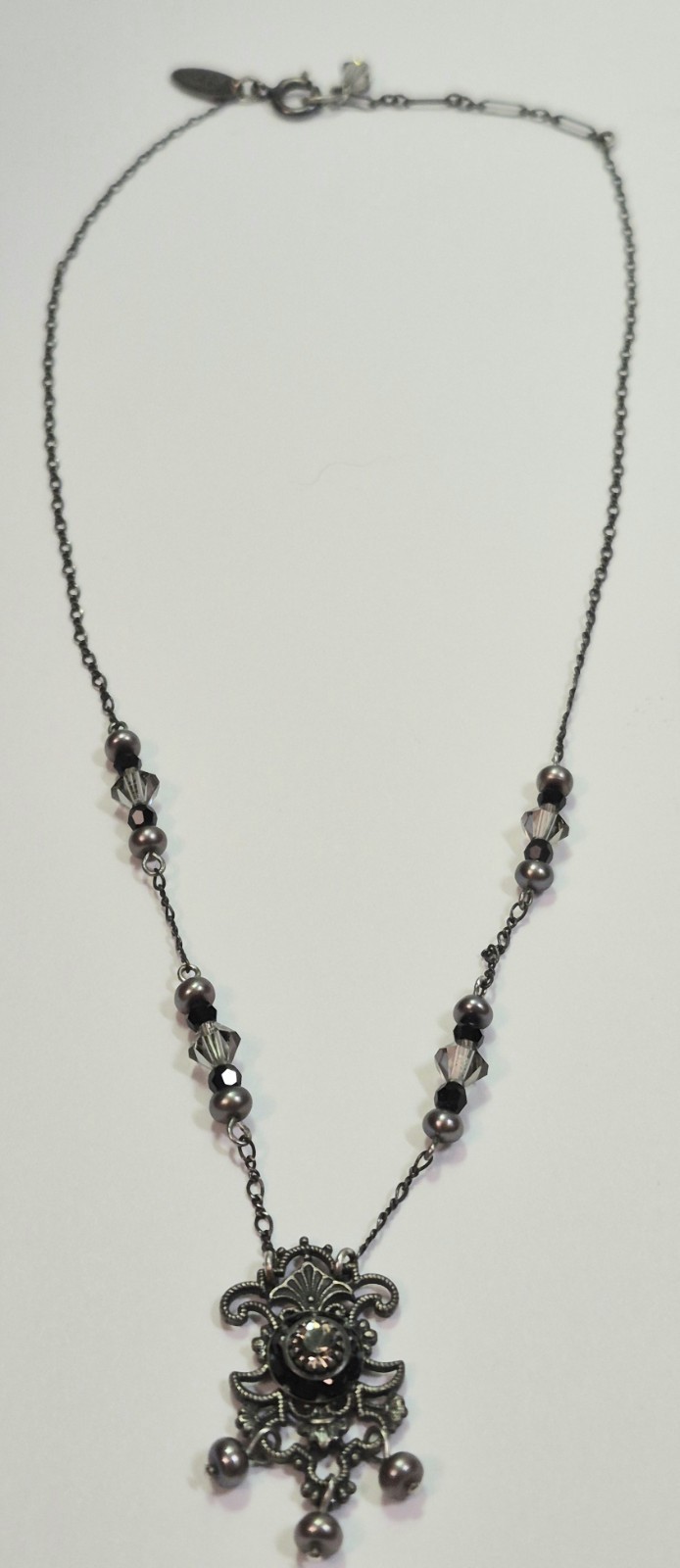Vintage LIZ PALACIOS Necklace Dainty Crystal Pearl Black & Grey Delicate Signed