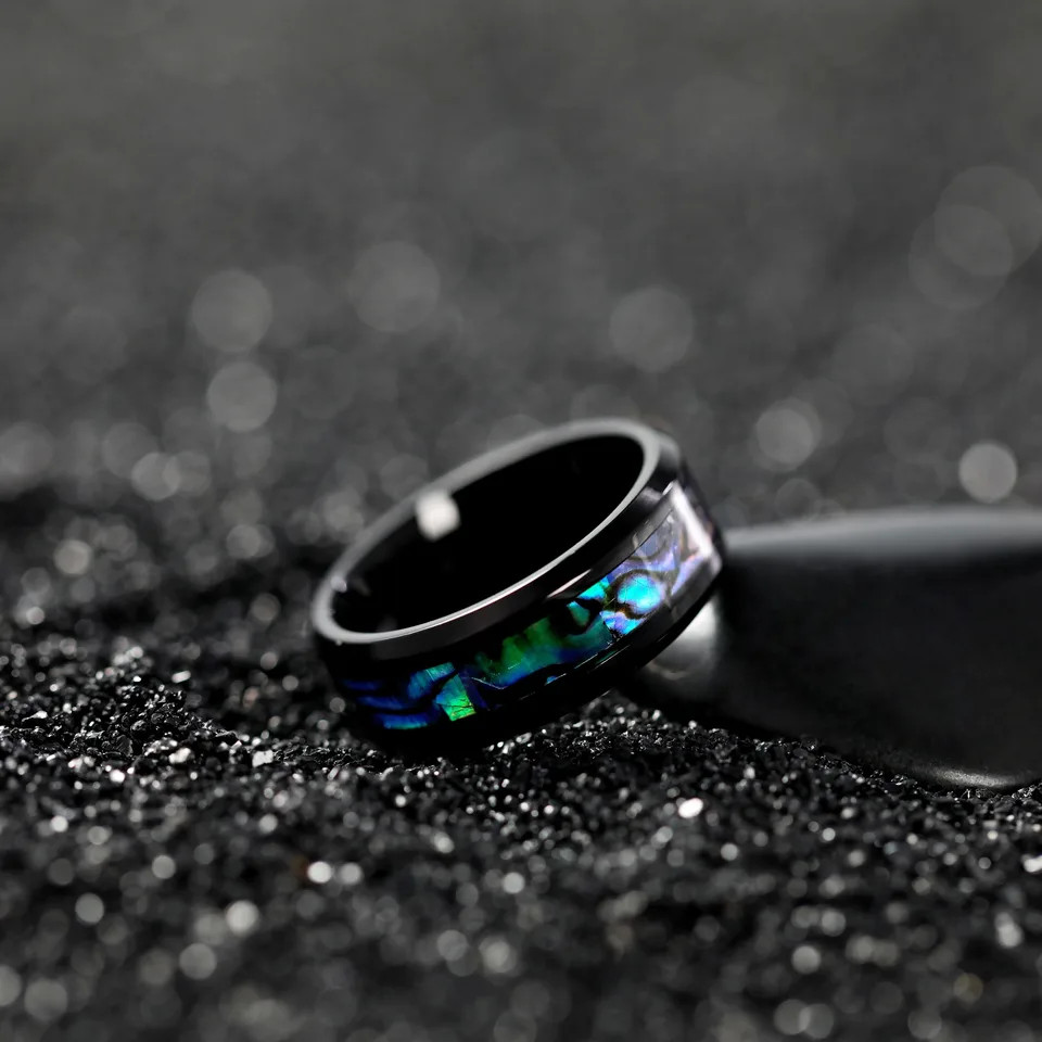 Stainless Steel Abalone Shell Ring 8mm Purple Polished Wedding Band Men