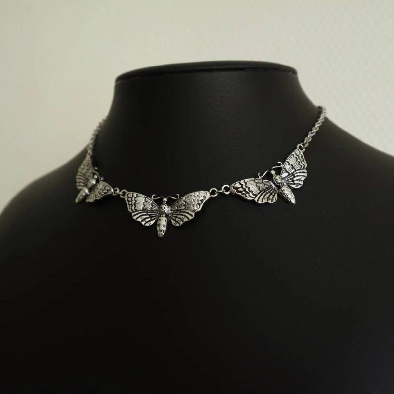Punk Style Gold Metal Vintage Skeleton Moth Pendant Necklace Unisex Everyday
