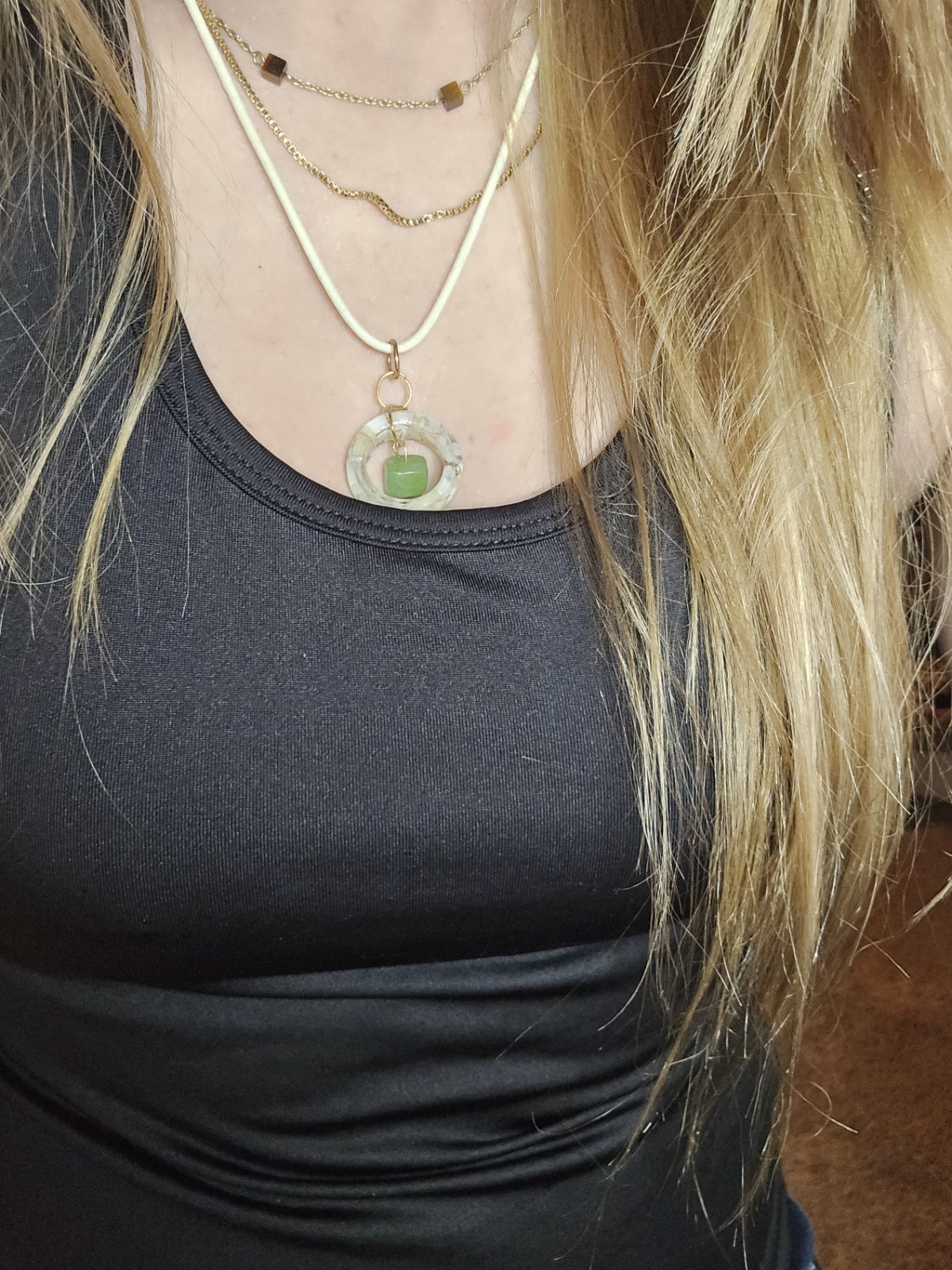 Handmade Raw Peridot & White Coral Resin Necklace August Birthstone Gemstone