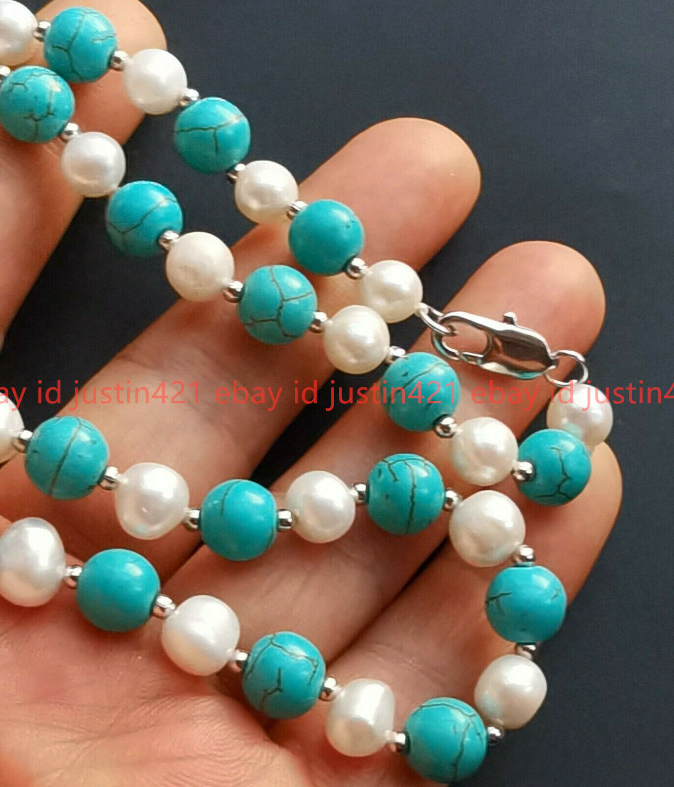 Long 36 inch 7-8mm White Pearl 8mm Blue Turquoise Round Beads Necklace