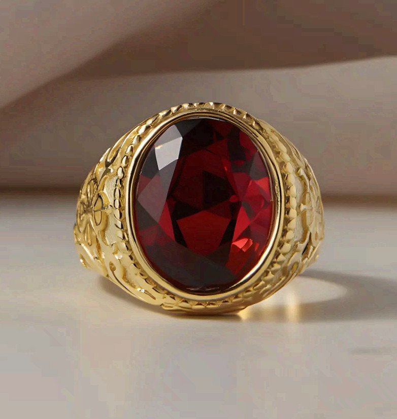 Red Stone Signet Ring Surgical Steel Gold Tone Statement Band
