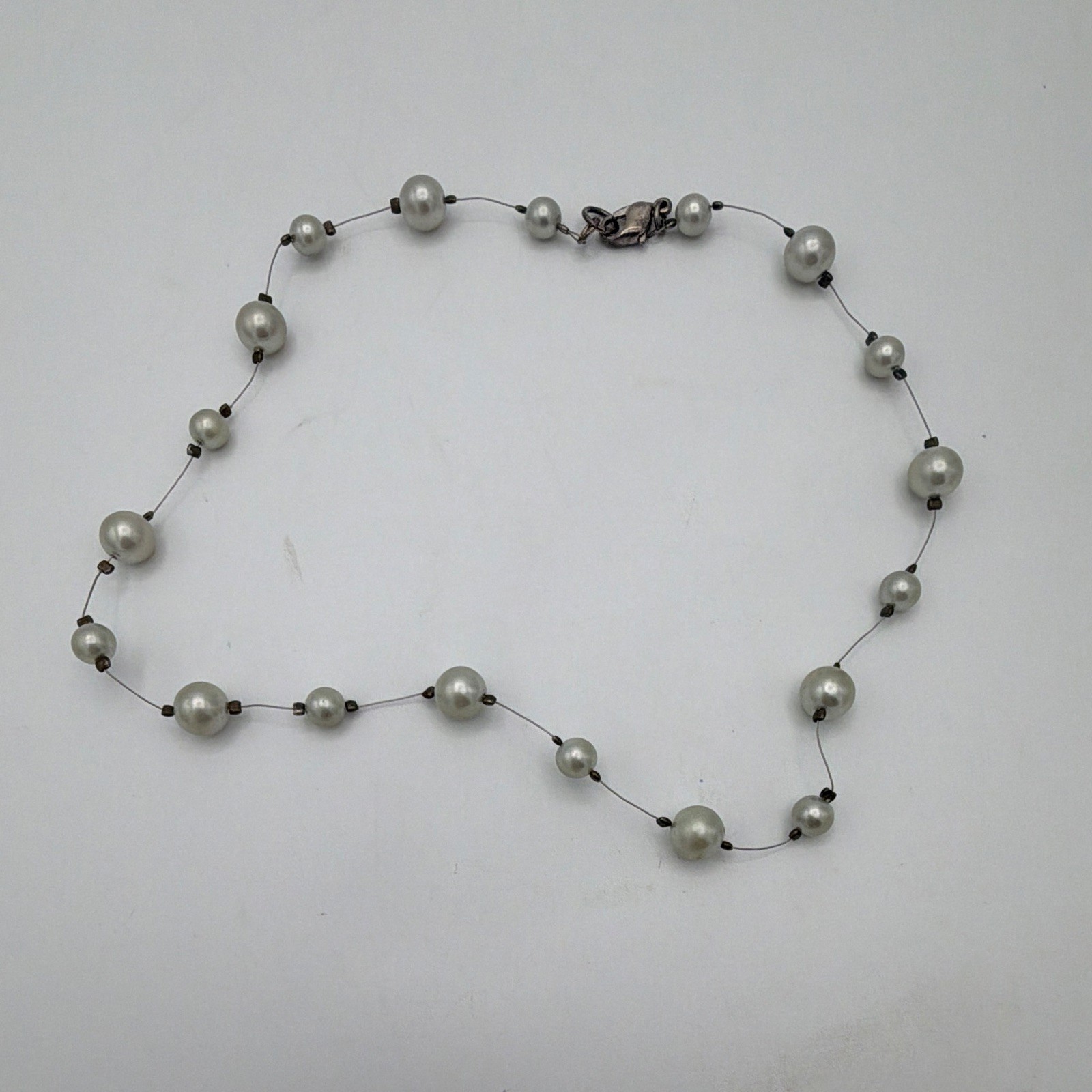 White Simulated Pearl Station Beaded Necklace Silver Tone Lobster 15 in