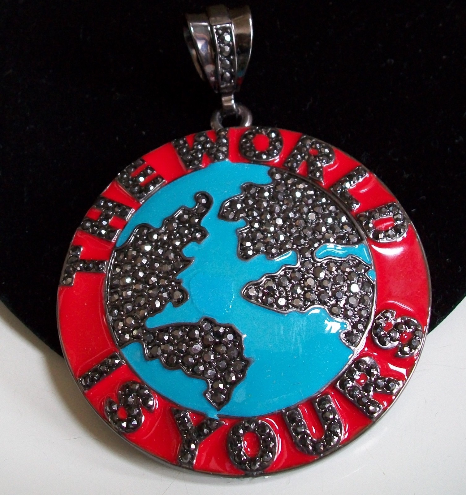 Men Bling Black Hematite Finish THE WORLD IS YOURS Globe Fashion Dressy Pendant