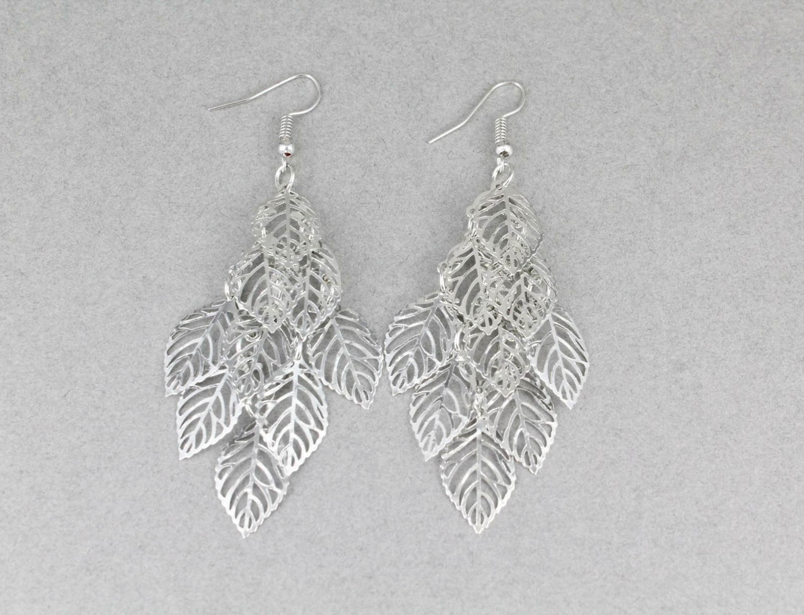 Silver chandelier earrings filigree leaf dangle pendant wiggly leaves 3.25″ long