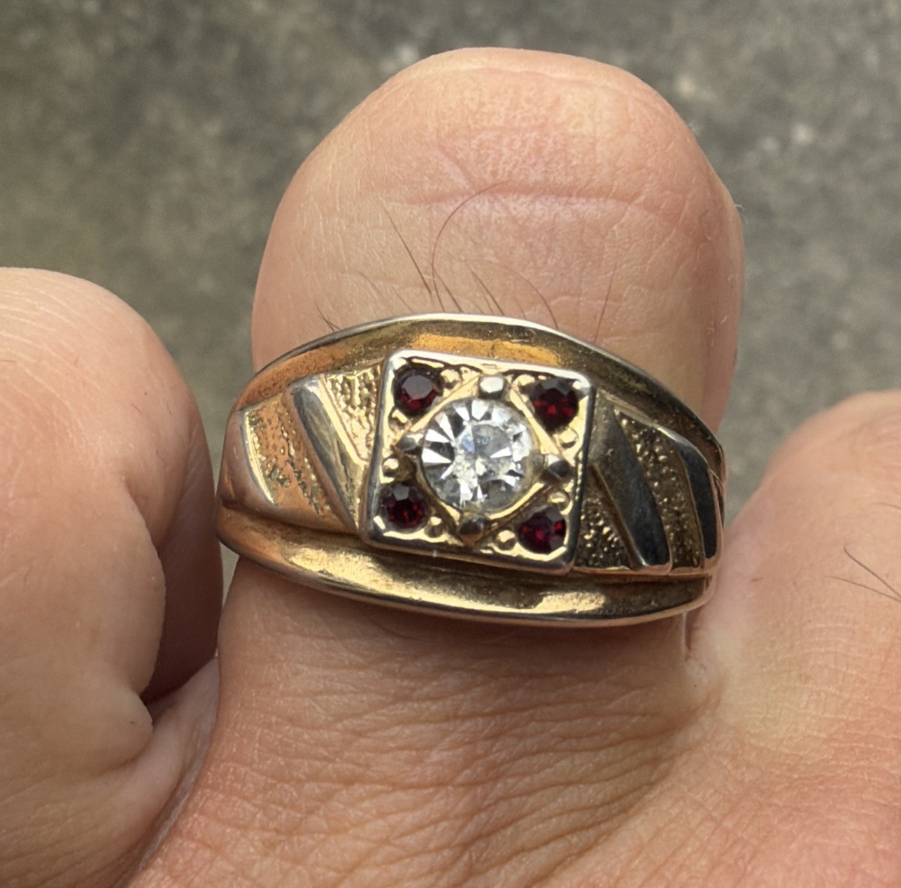 Vintage 14k GE Cubic Zirconia & Ruby Man’s Ring Size 12.75