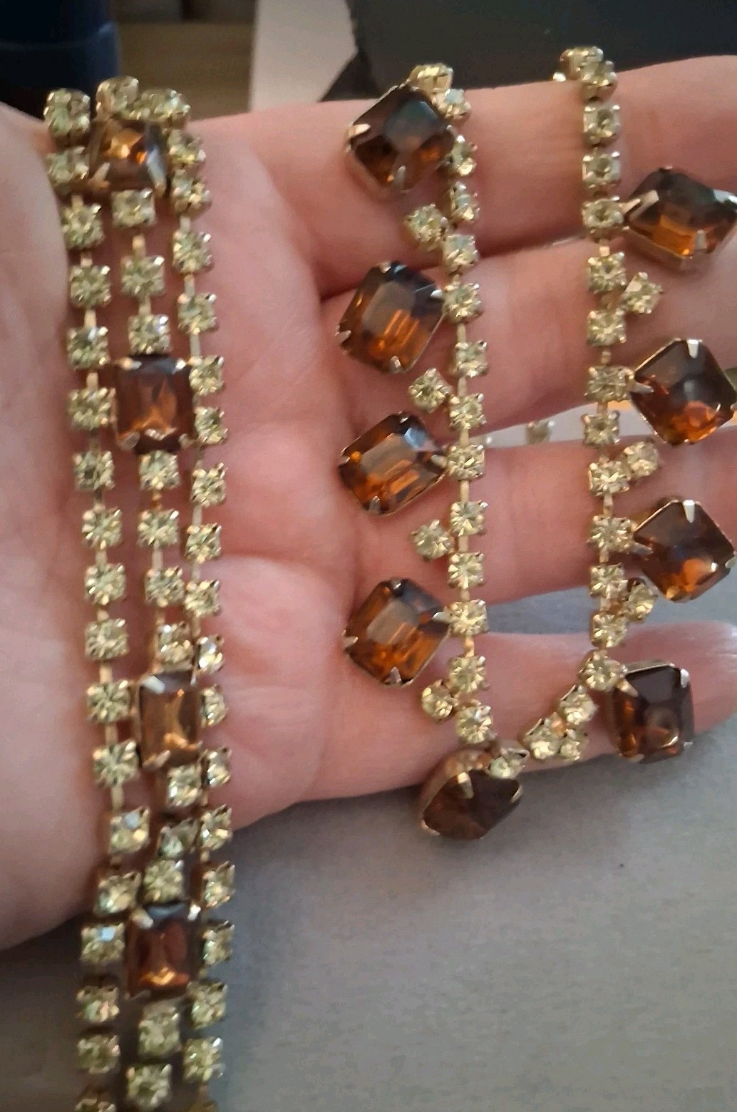 VTG demi parure citrine Jonquil & brown topaz glass necklace bracelet jewelry