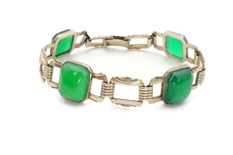 Vintage Sterling Silver 925 Chrysoprase Bracelet 7.25″ Art Deco