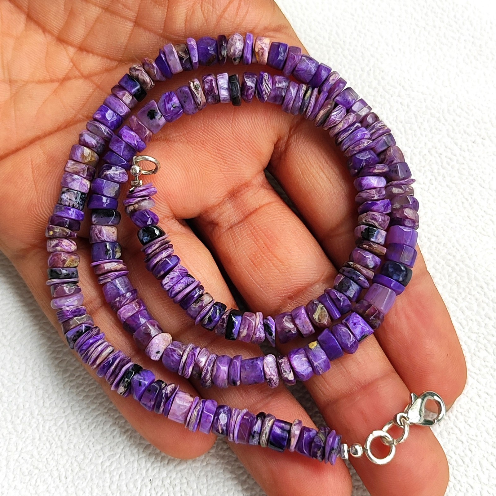 Natural Charoite Necklace 5-6mm Smooth Heishi Beads 17″ Purple India Gemstone