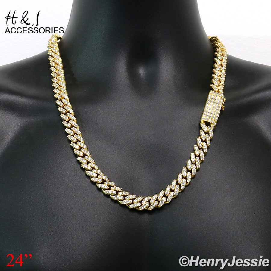 MEN 14K GOLD PLATED 18″-24″X12MM GOLD CZ PRONG SET CURB CHAIN NECKLACE*ABGN5