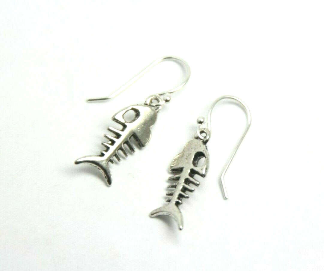 Fish Bone Charm Earrings .925 sterling silver Hook Pewter Charms 1″ Fishing Gift