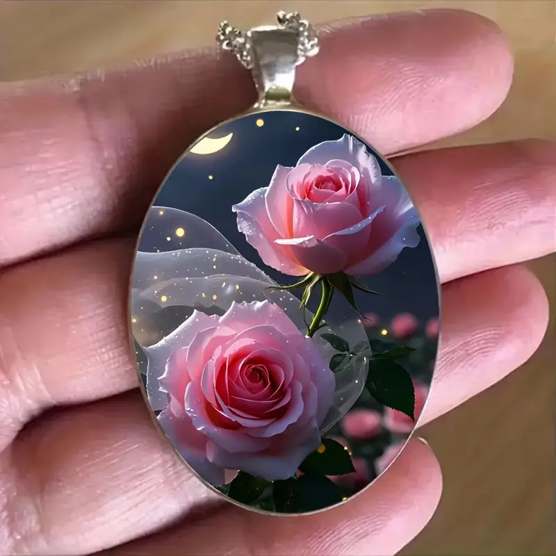 Flower Rose Oval Necklace Jewelry Vintage Silvery Gothic Pink Love Pendant E