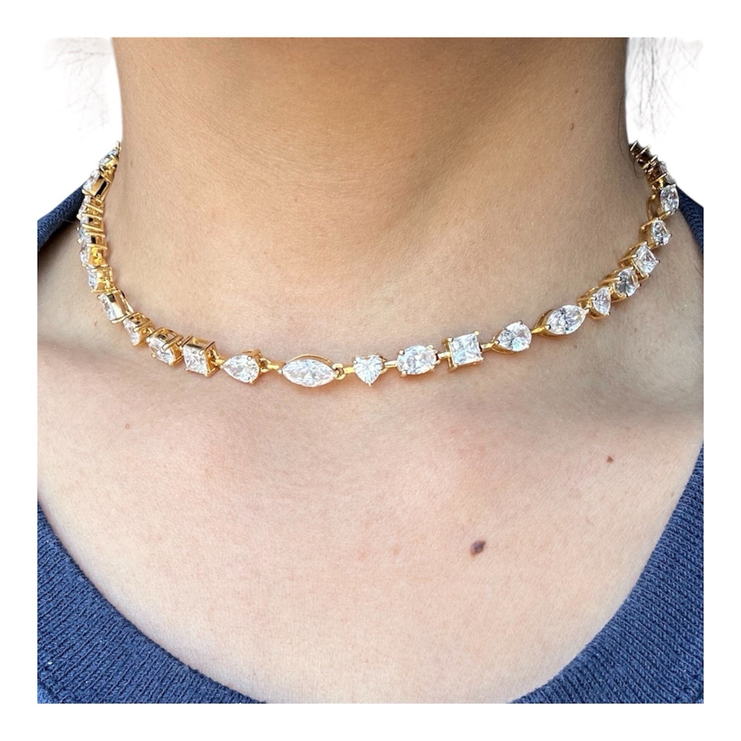 Statement Choker Tennis Necklace Multi-Cut Stones 14K Yellow Gold Plated