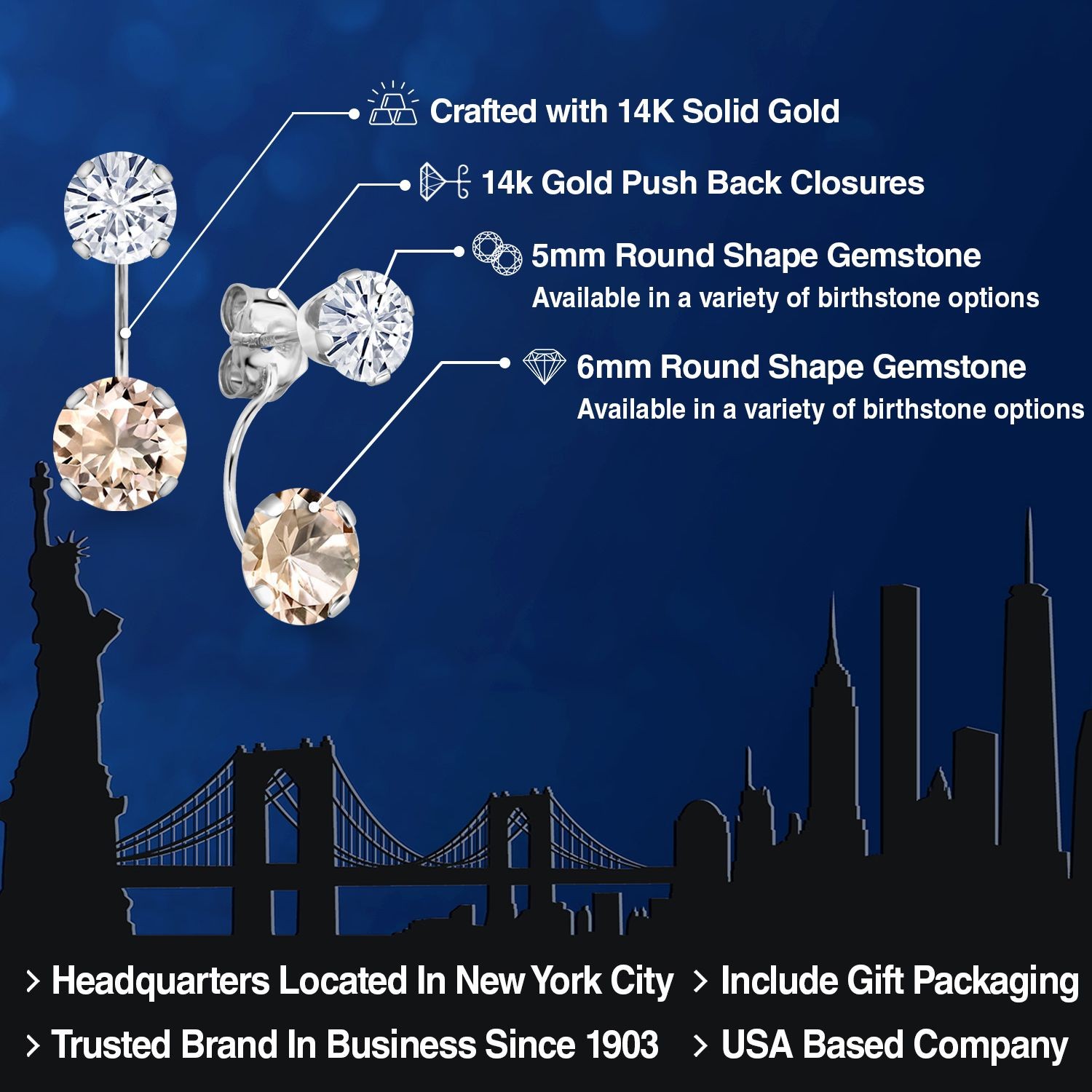 14K White Gold Peach Morganite and White Moissanite Stud Earrings for Women |