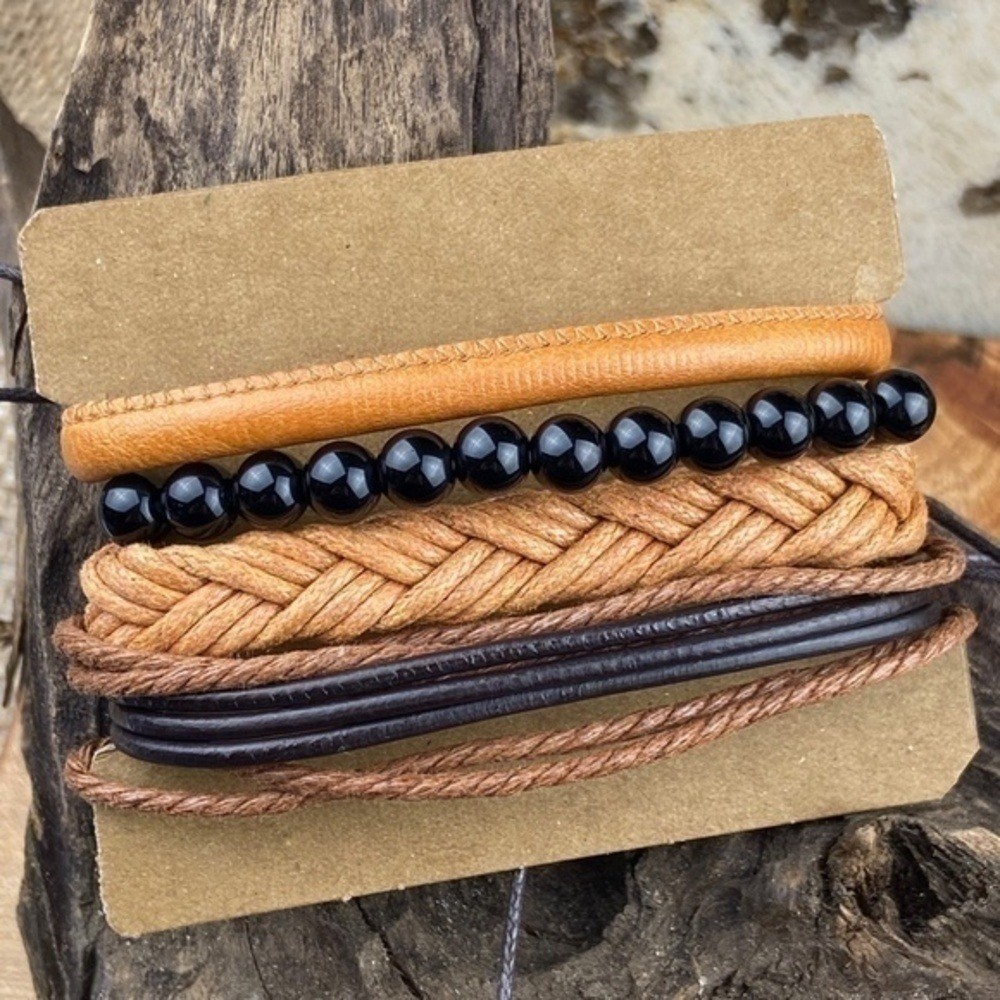 Mens Bracelets Bundle Adjustable Faux Leather & Hemp Onyx Stone Beads