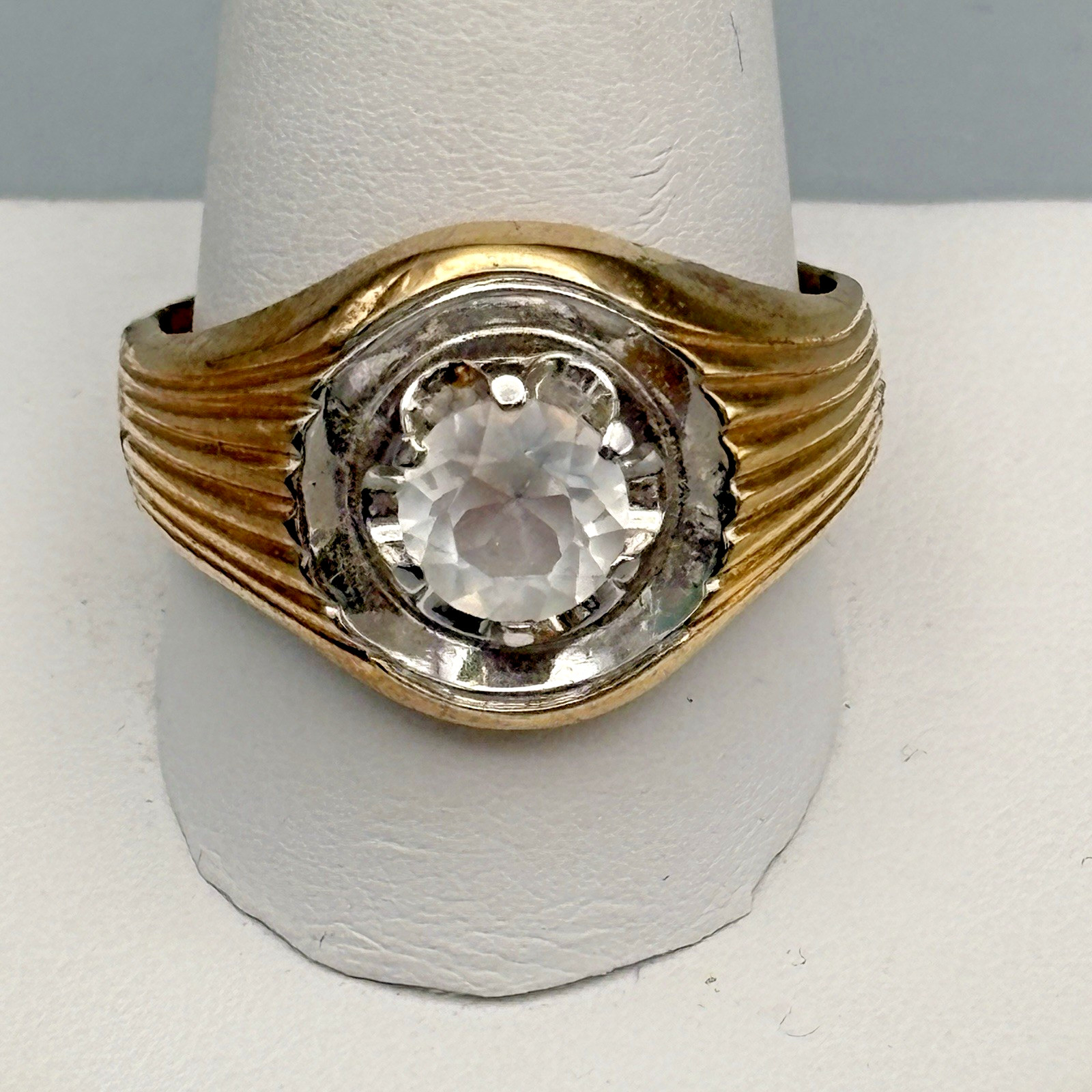 Vintage Mens 10k Gold Filled Ring Clear Stone 12.75 MCM Bold Statement 7.95g