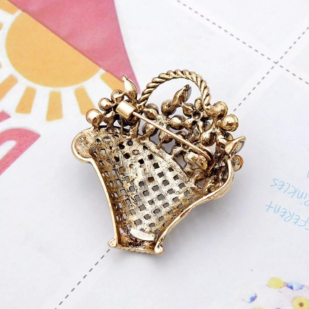 Cute Flower Basket Crystal Rhinestone Vintage Style Brooch Pin and Gold Bag