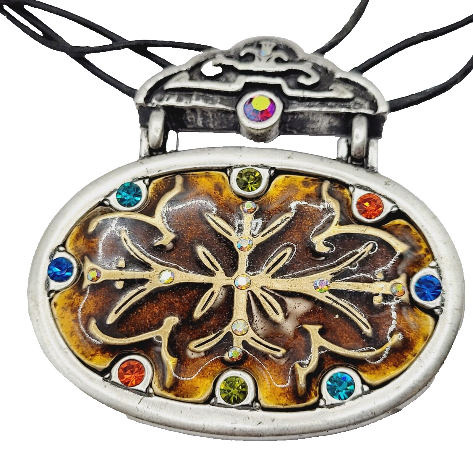 Chico’s Enamel and Rhinestone Pendant Necklace Triple Stand Cord Vintage Signed