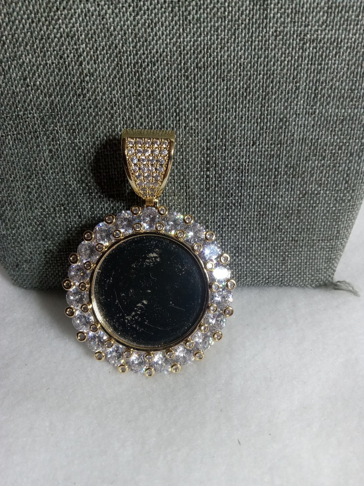 Gold Plated Round Cz With Large Space For Chain Photo Holder