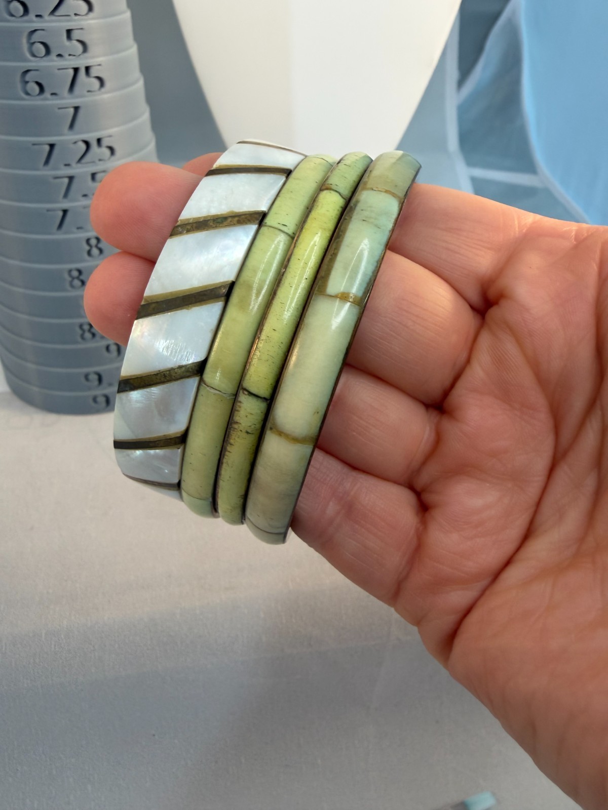 Vintage 1970s Brass Bangle Stack Mother of Pearl Dyed Bovine Inlay Boho Green