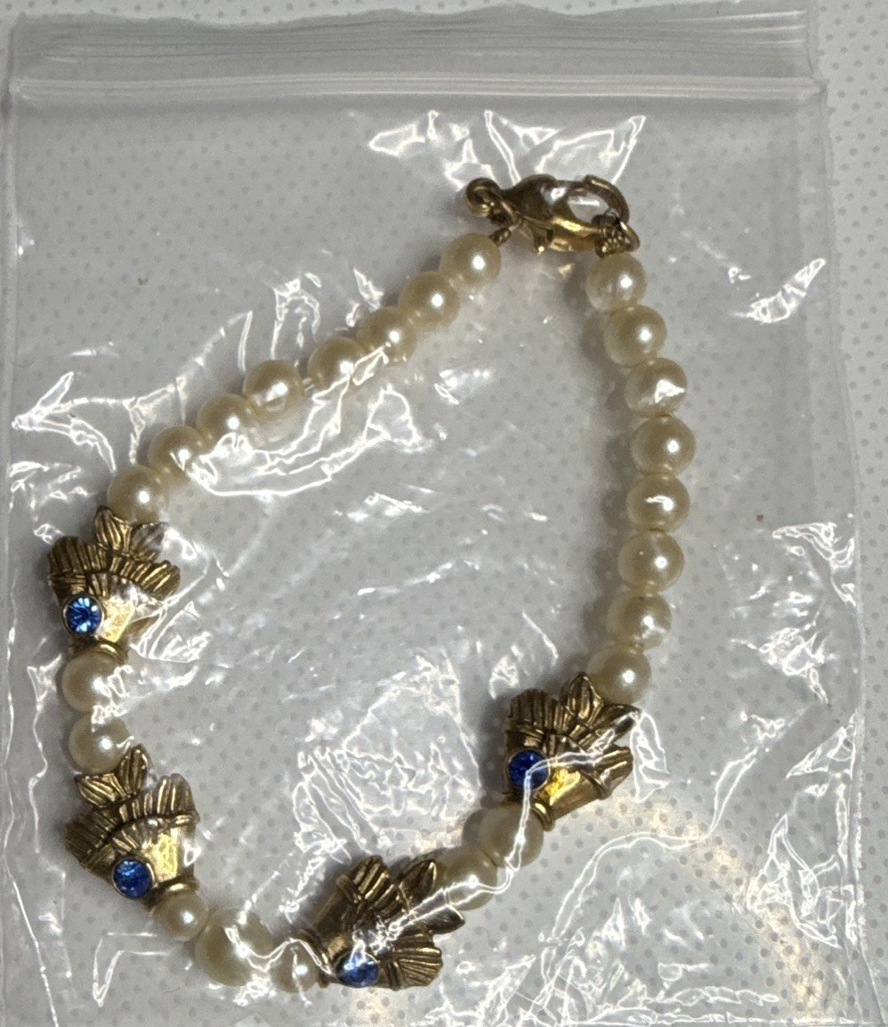 1928 Jewelry- Blue & Gold Fish Pearl Bracelet with Lobster Clasp