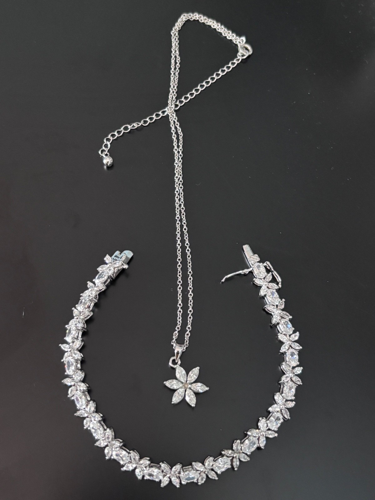 VTG Sterling Silver Bracelet Flower Oval Clear CZ 7.25 inches (Plus Necklace)