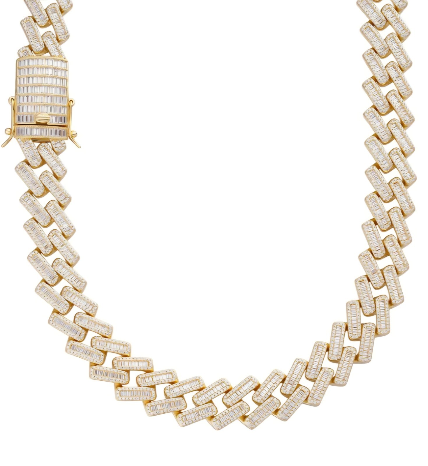 Baguette Prong Miami Cuban Link Chain Necklace Iced Out CZ Stones – 14k Gold Ver
