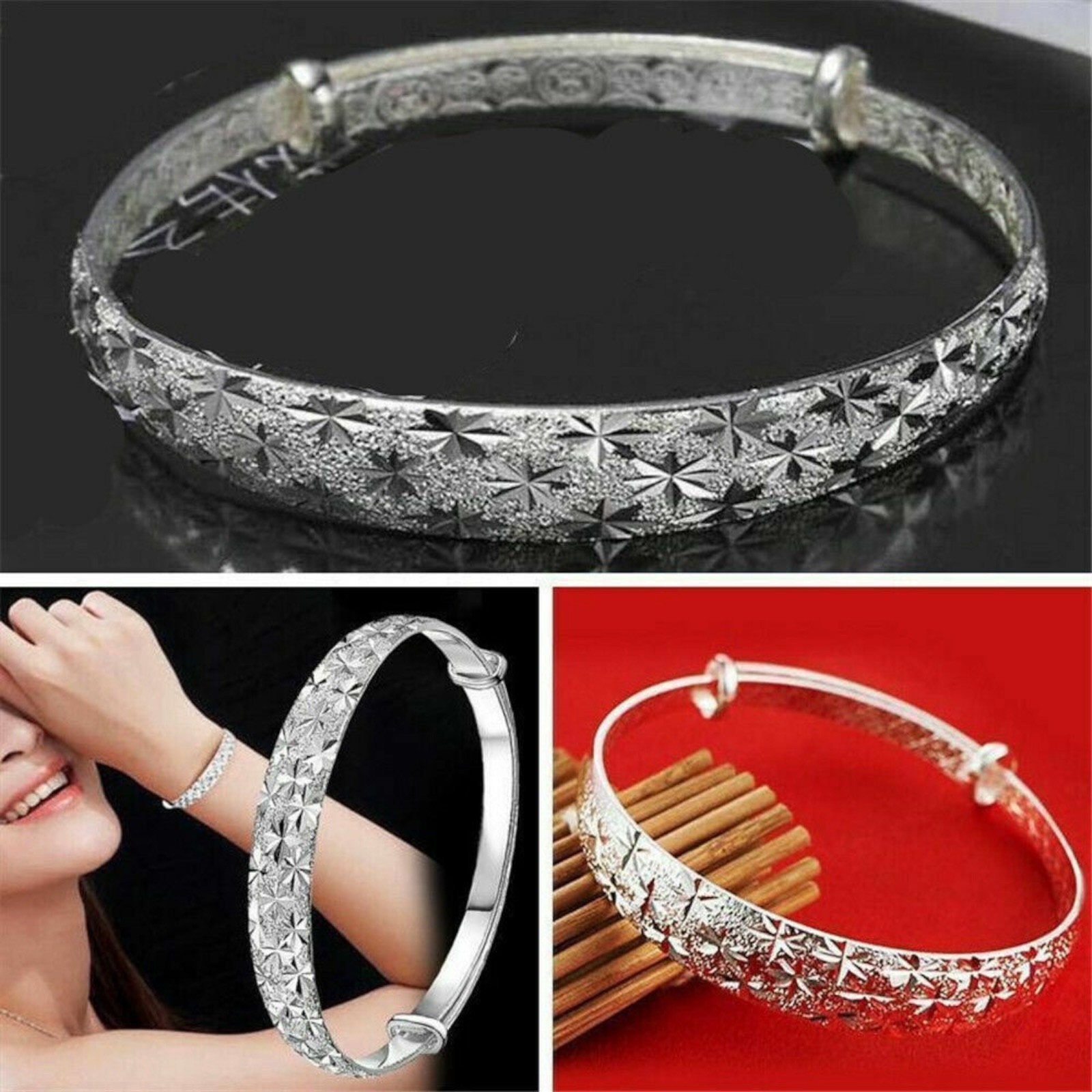 Silver Plated Chain Bangle Cuff Charm Bracelet Fashion Jewelry Lab-Created B96