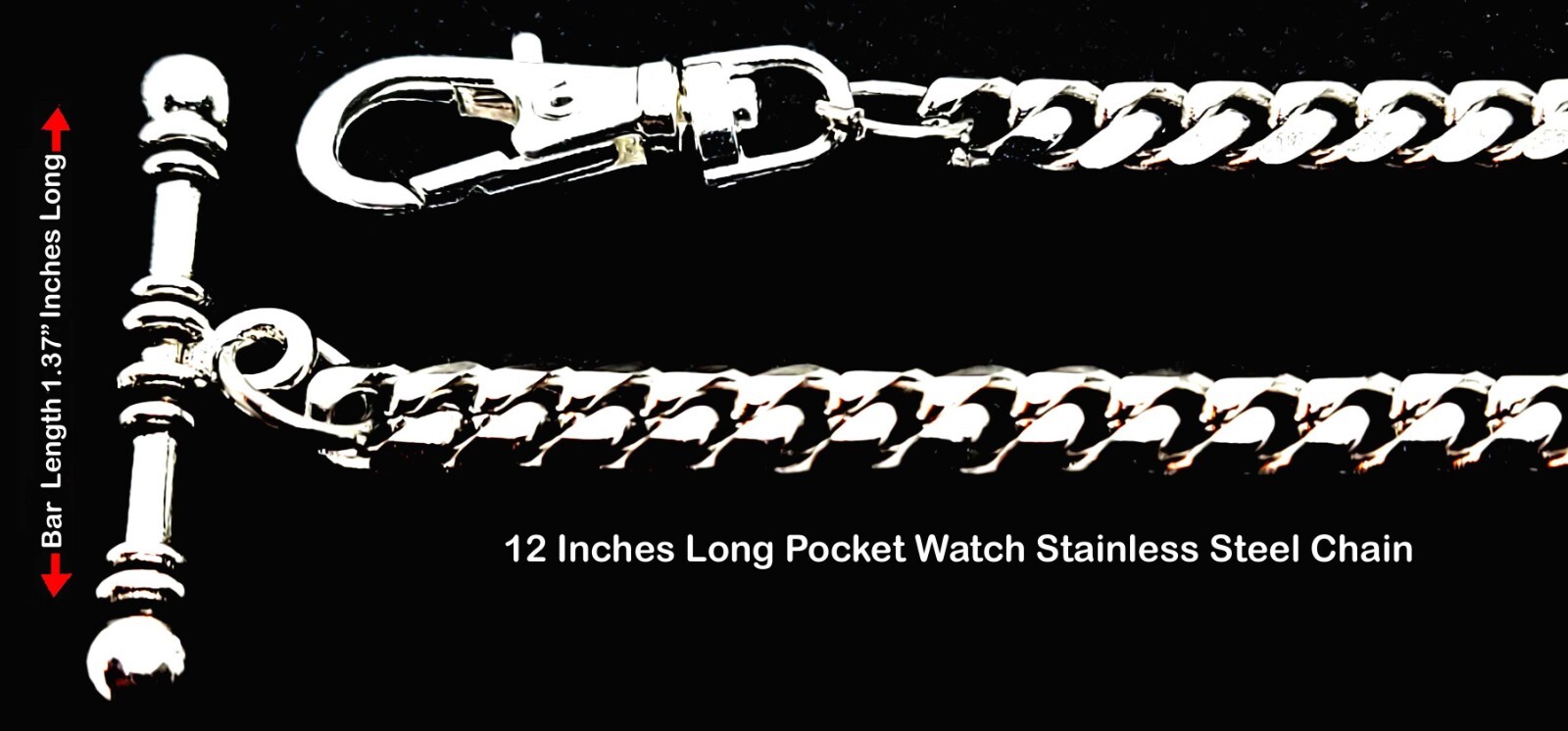 Pocket Watch Stainless Steel 12″ Inches Long Chain With T. Bar and Swivel