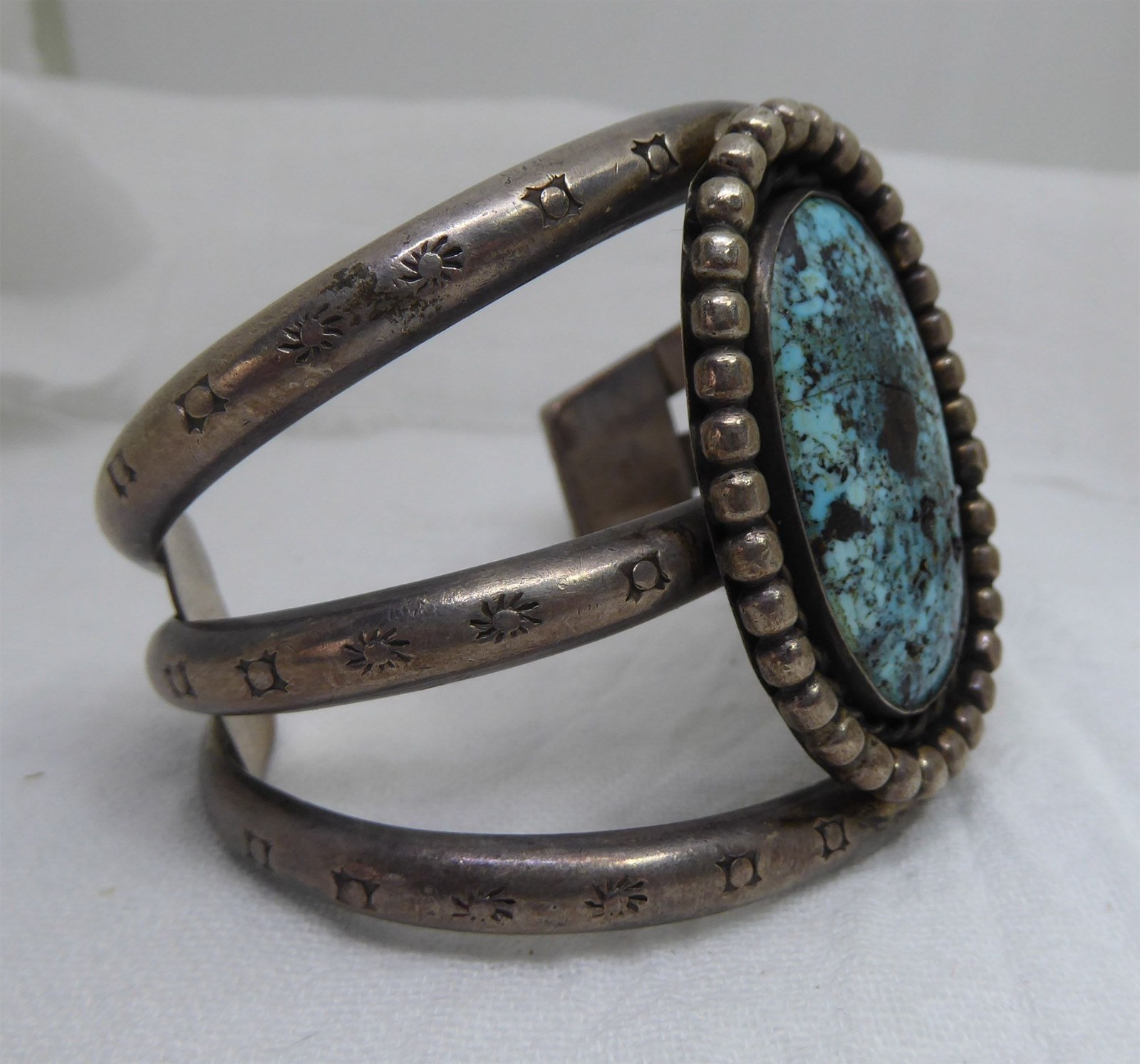 Vintage Navajo Sterling & Large Turquoise Cuff – Heavy 114g – Old Pawn Patina