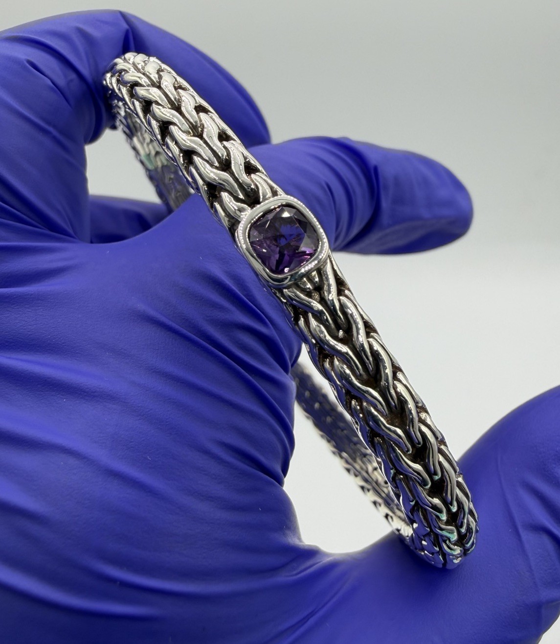 John Hardy 925 Sterling Silver & Purple Amethyst Cuff Bracelet 6.3mm 27.8g Sz 7