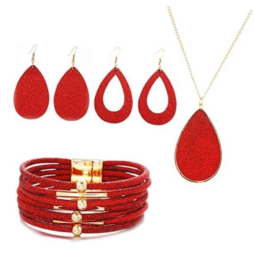 4 Pieces Faux Leather Earrings Necklace Bracelet Set 4 Pieces Christmas red