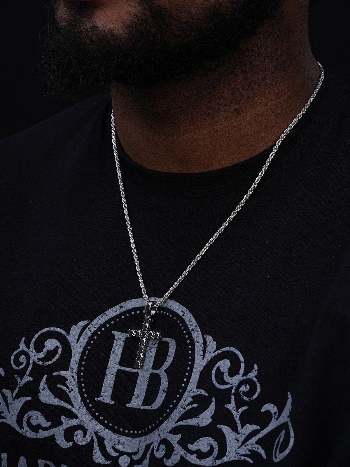 Black MOISSANITE Real Oxidized Rhodium 925 Silver Cross Iced Pendant Necklace