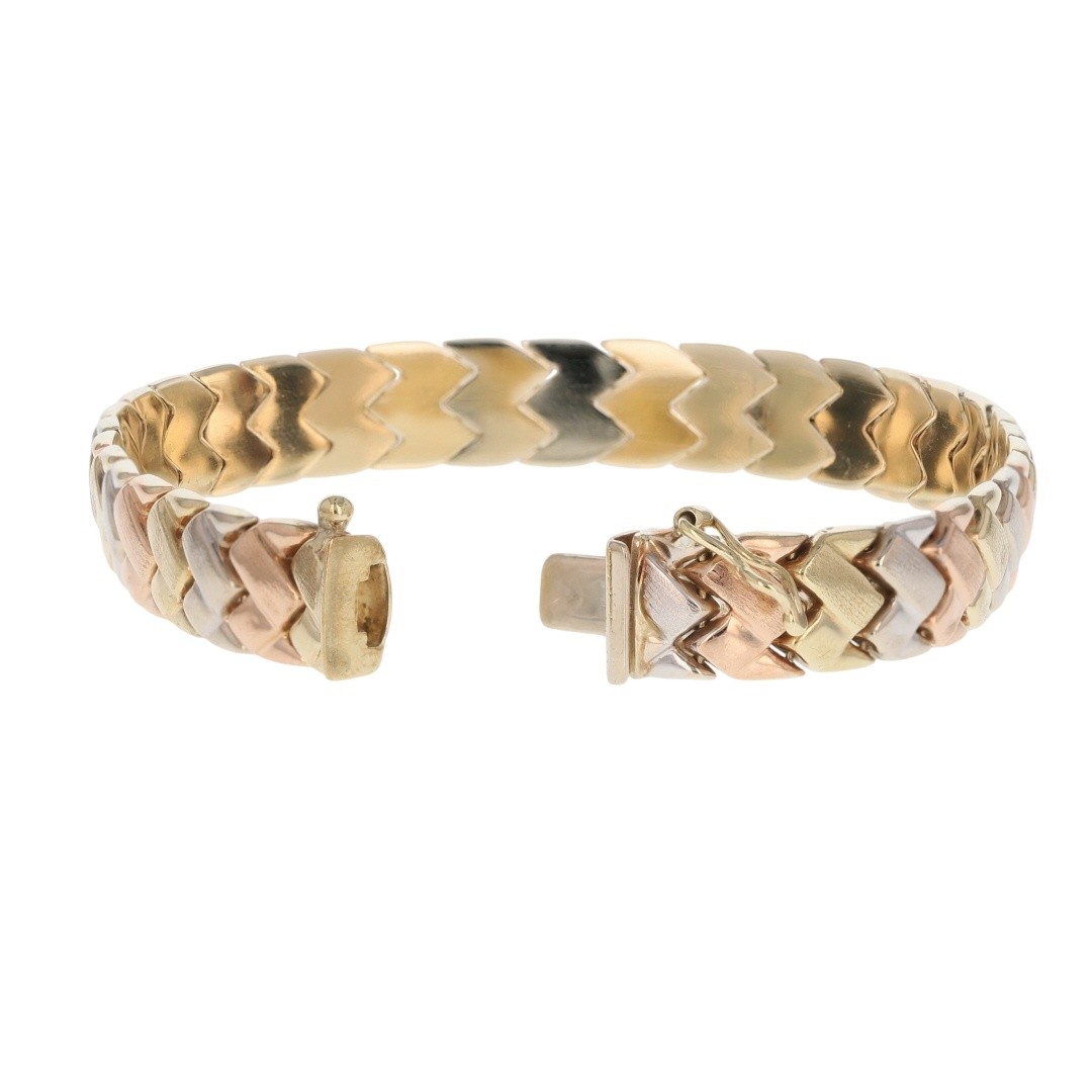 8.7mm Weave Style Fancy Link Chain 7.5″ Bracelet 10k Multi-Tone Gold 9.85 Grams