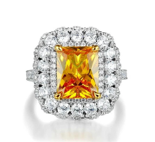 7.36CT Orange Yellow Citrine With Clear White CZ Fabulous 925 Silver Party Ring