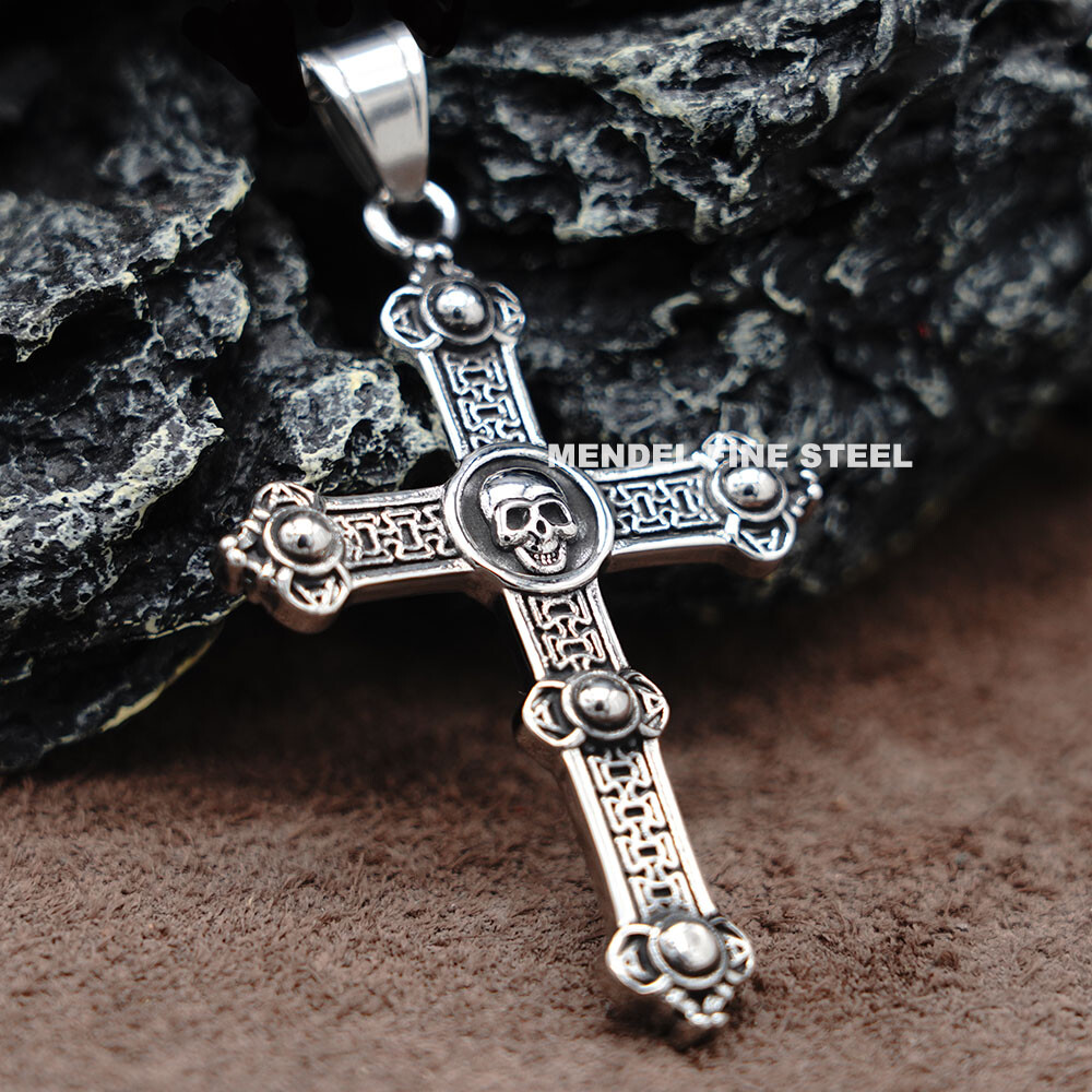 MENDEL Mens Stainless Steel Gothic Biker Skull Punk Cross Pendant Necklace Men