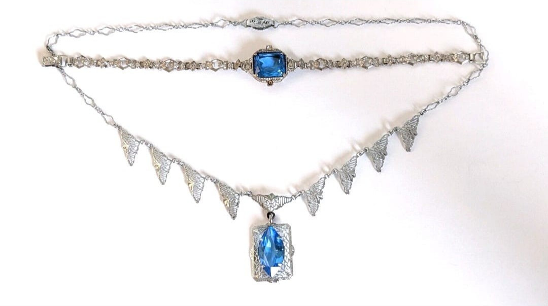 VintageEdwardian Filigree Silvertone Blue Glass Lariat Necklace and Bracelet