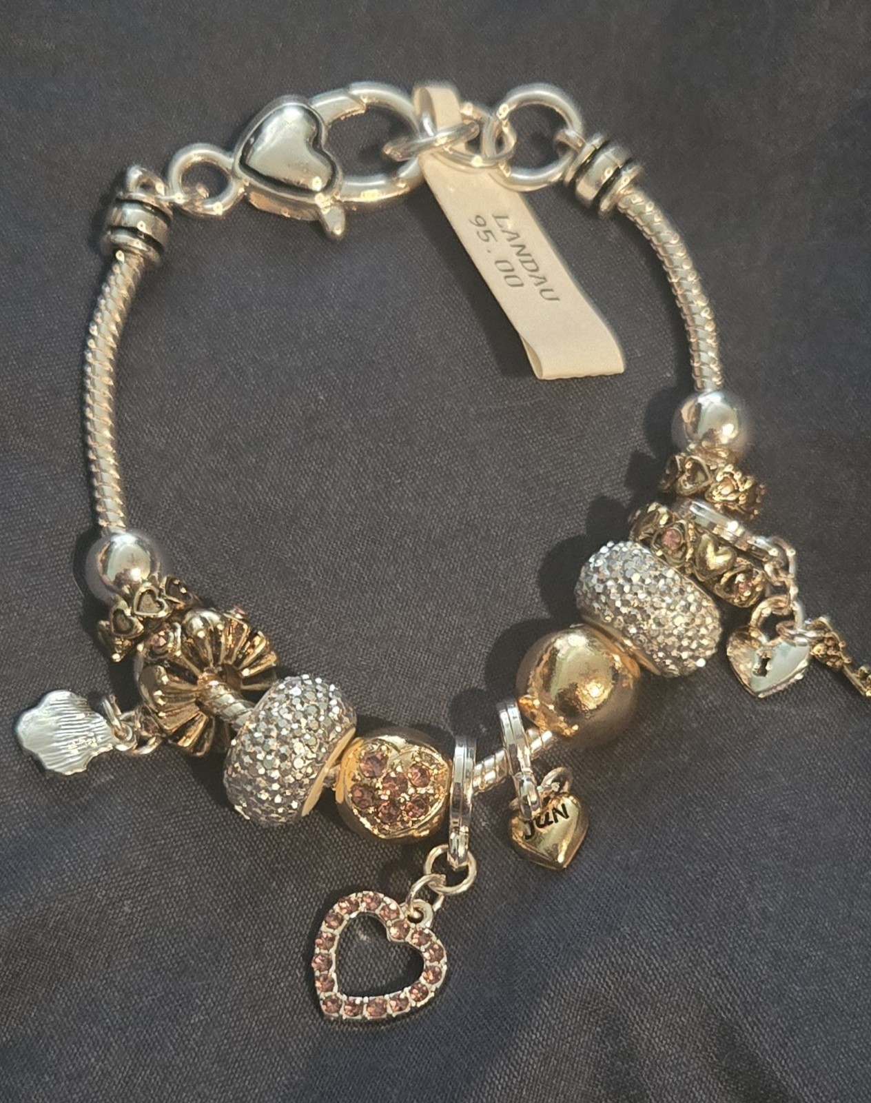 LANDAU Silver And Goldtone JUNE Charm Bracelet With Crystal Accents NWT
