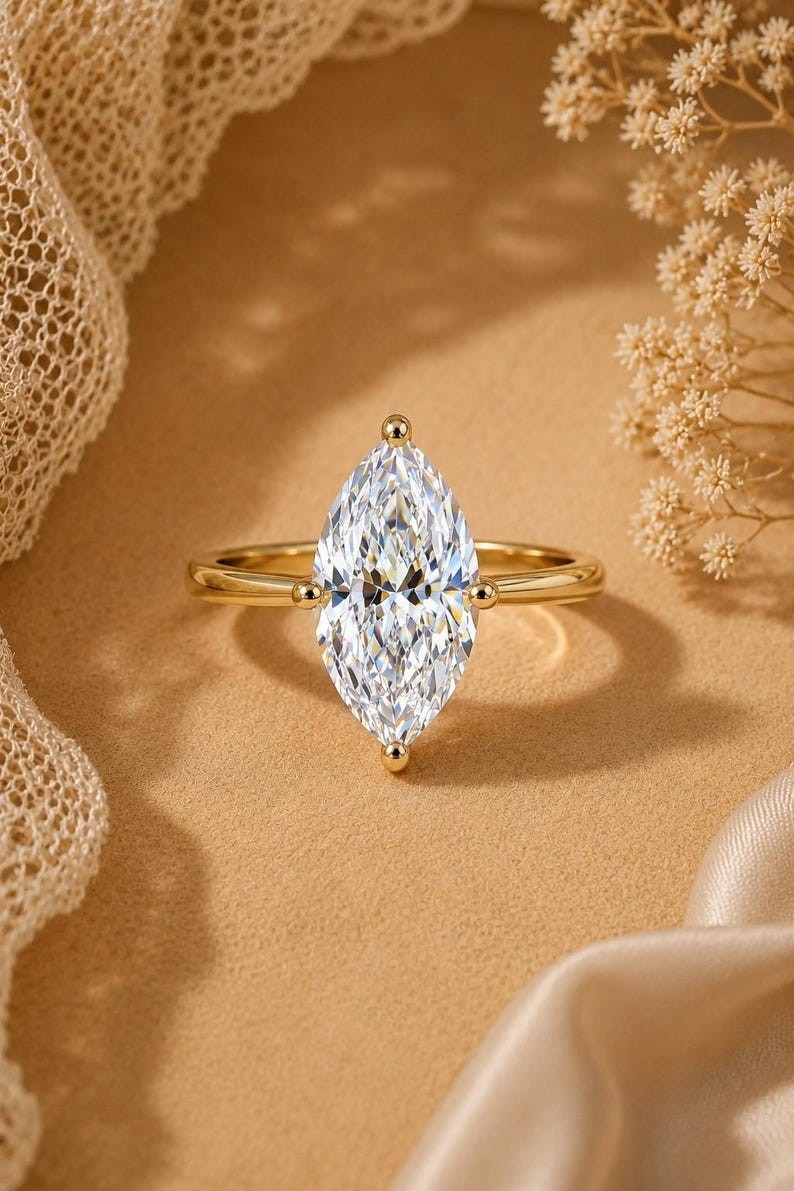 2.0 CT Marquise Cut Moissanite Solitaire 14K Gold Plated Engagement Ring