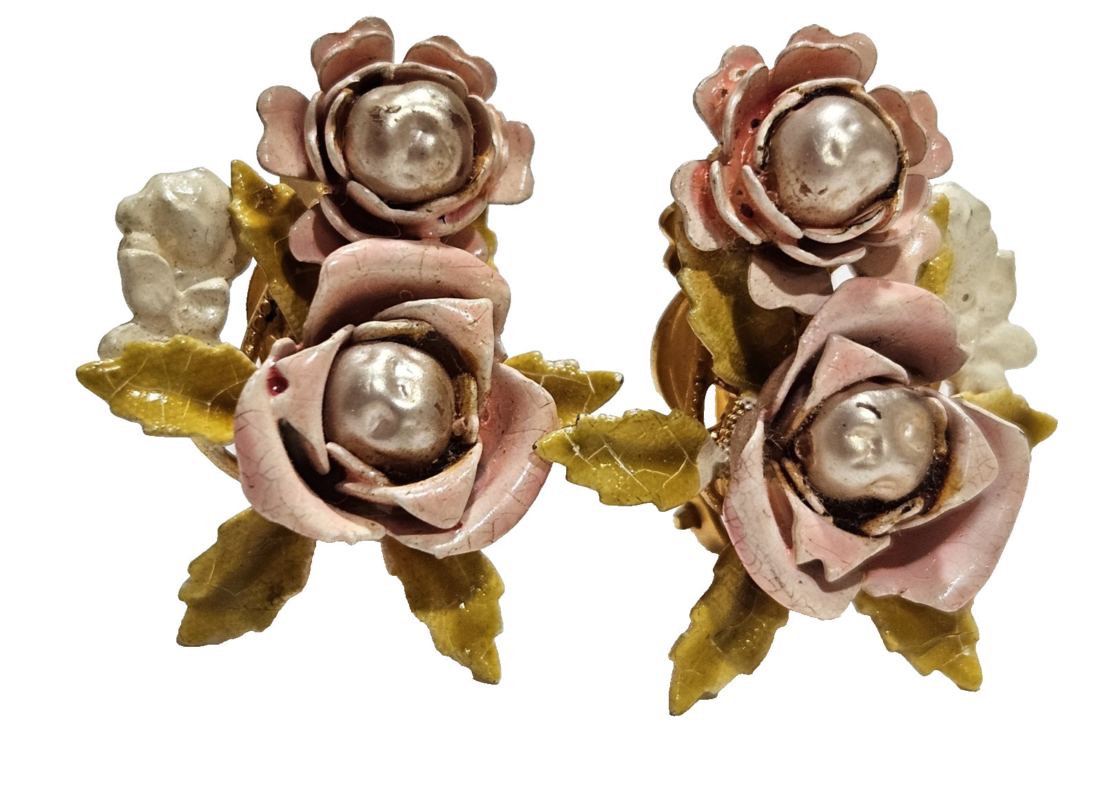Rare Original Robert Clip On Earrings Faux Baroque Pearl Pink Enamel Gold Tone