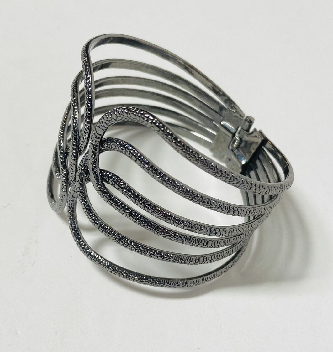Metal Hinged Cuff Bracelet Textured Charcoal Gray Contemporary Rounded Bands