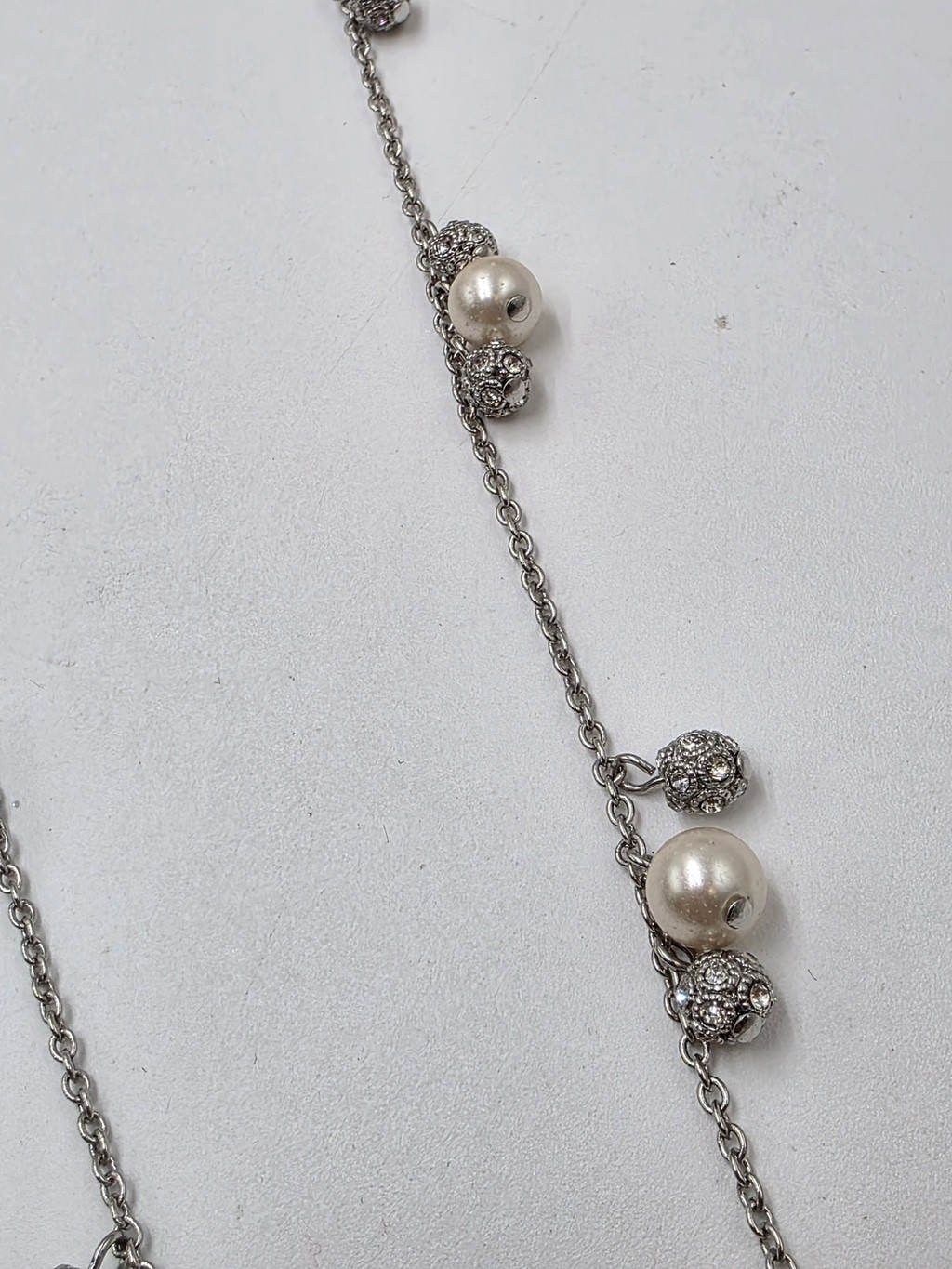 Ann Taylor Silver Tone Faux Pearl & Crystal Station Necklace 32″ Long