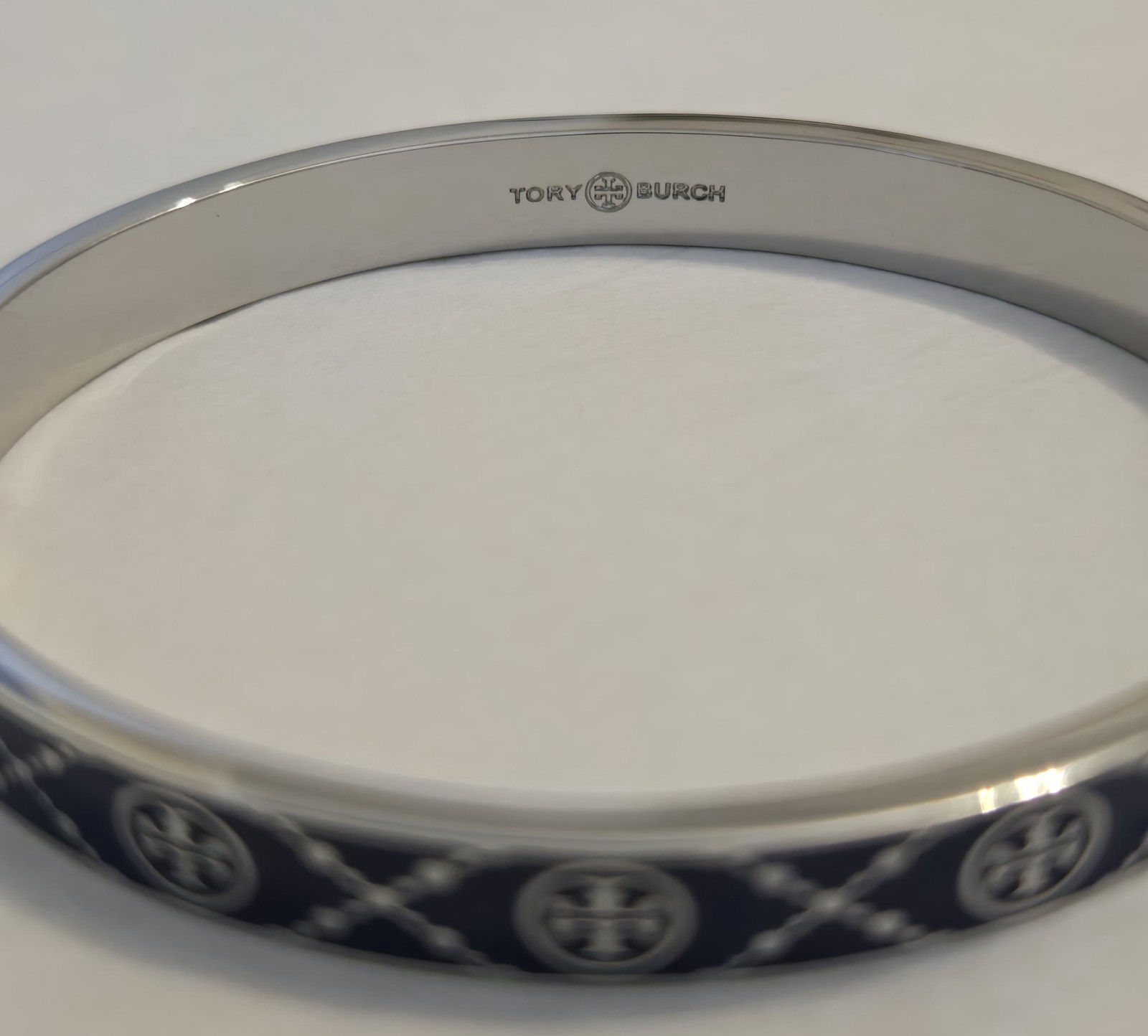 New Tory Burch Bracelet Icon T Monogram Logo Hinge Navy Blue Enamel Silver