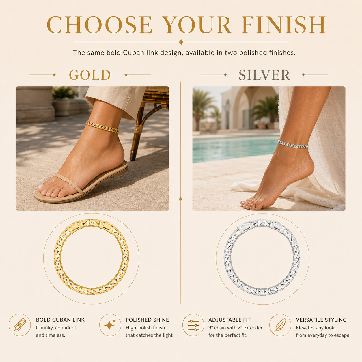 Uxvwez 18K Gold Plated Cuban Link Anklet for Women Gold Silver