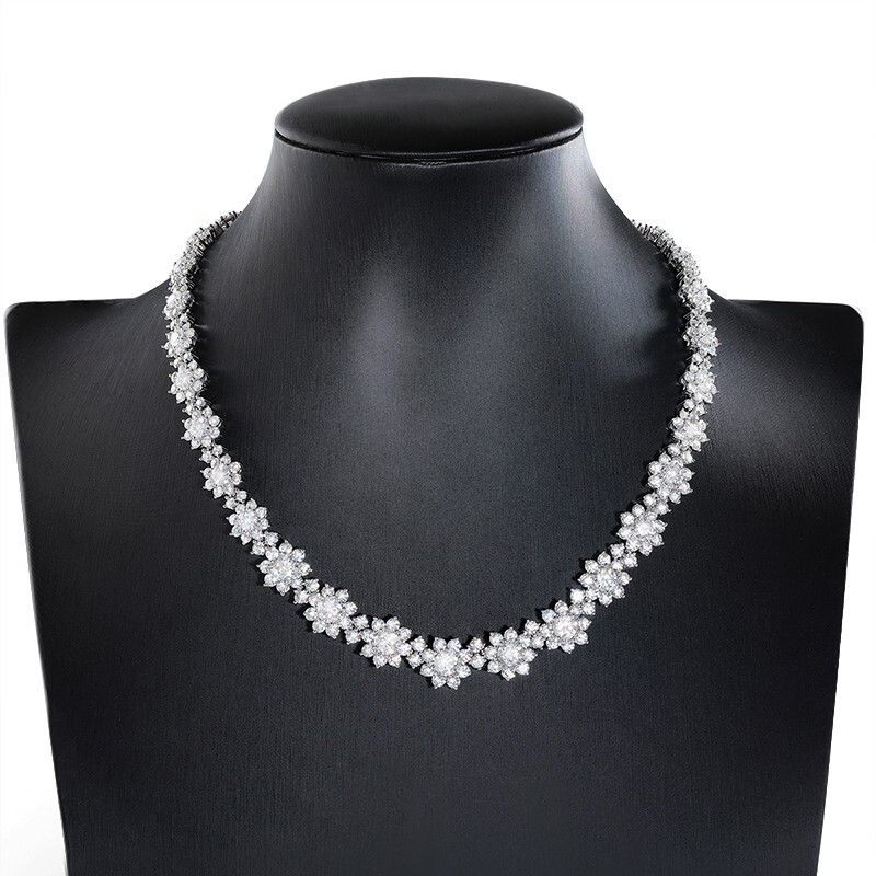 Round Moissanite Flower Tennis Chain Women Wedding Necklace 925 Sterling Silver
