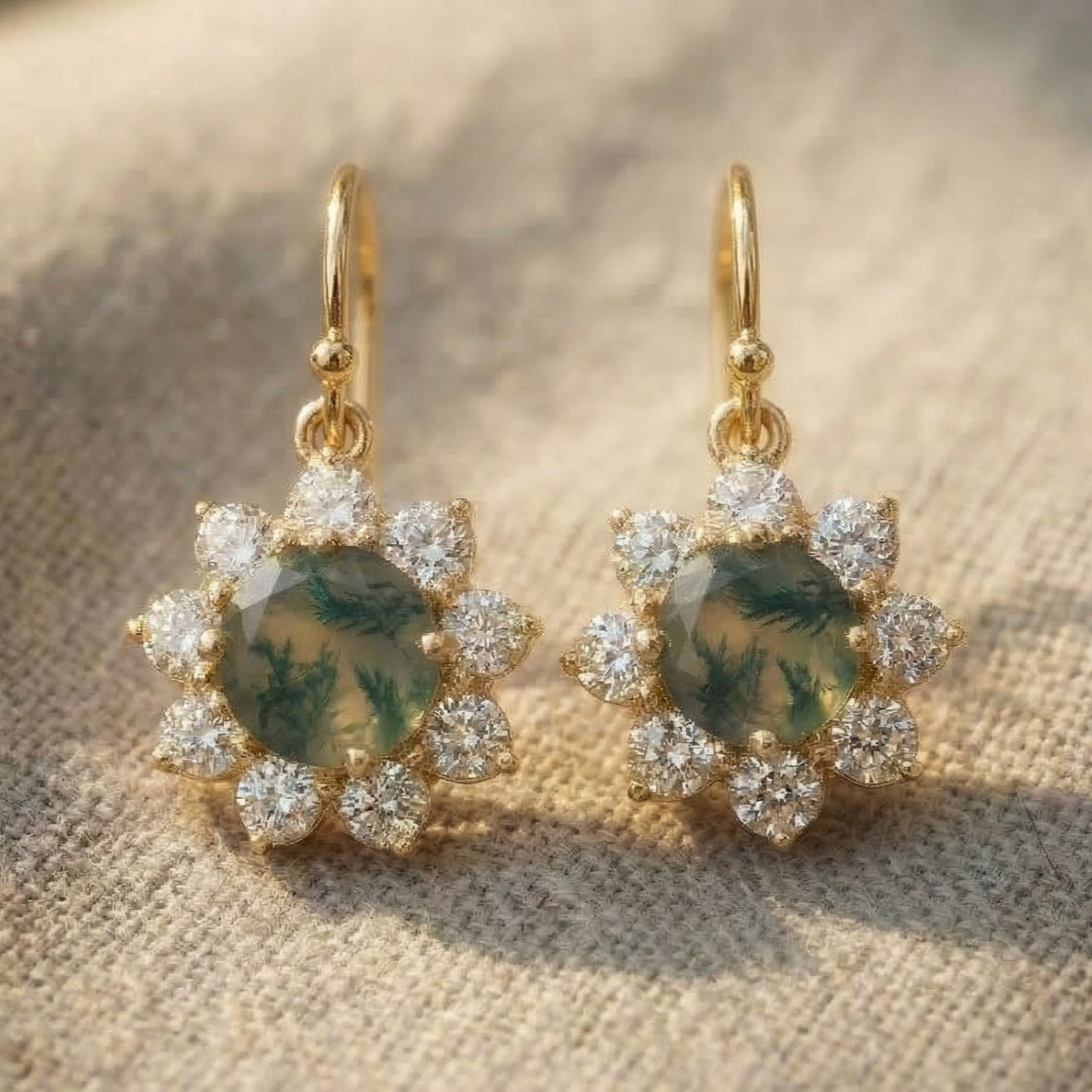 Moss Agate & CZ Statement Drop Silver Earrings,Gold Plated Floral Dangle Earring