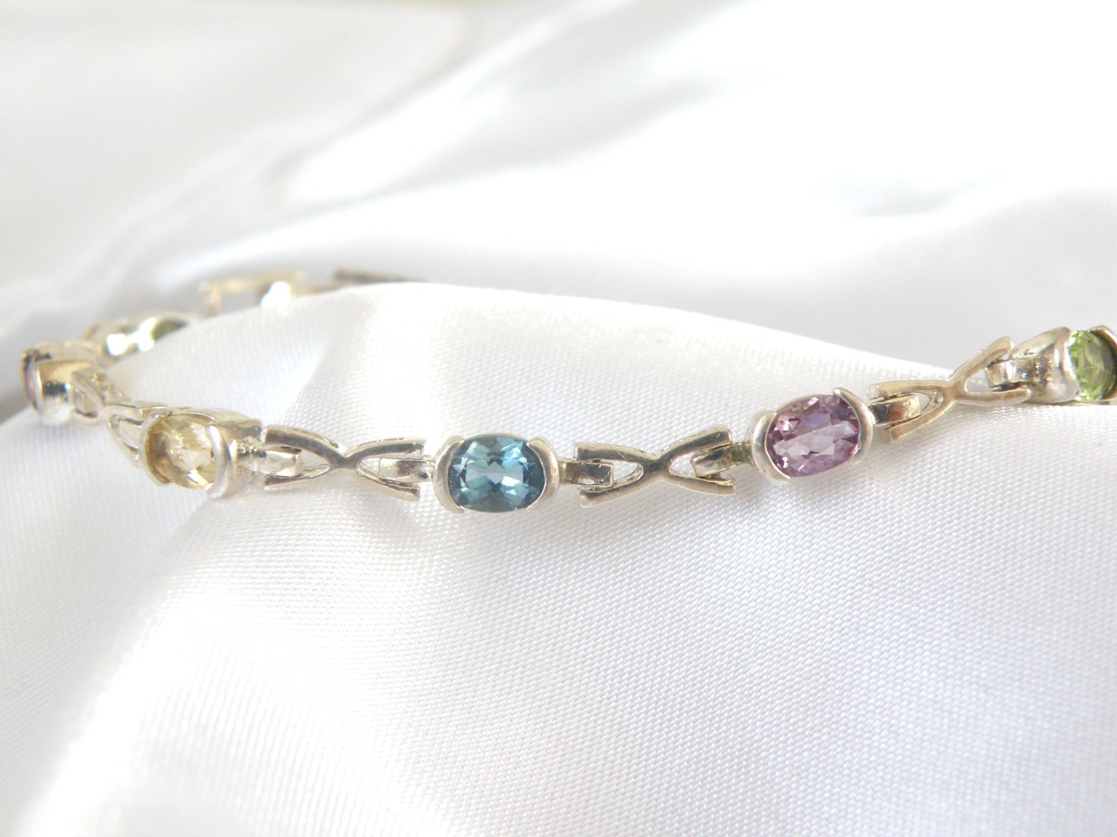Vintage Sterling Silver 925 Gemstone Tennis Station Link Bracelet 7″