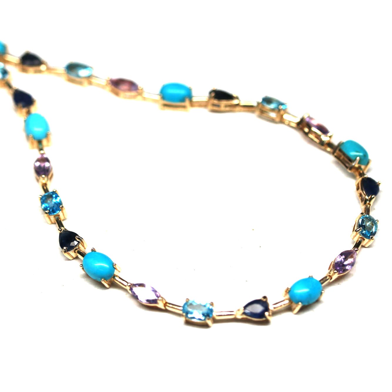Natural Blue Turquoise Topaz Amethyst Sapphire Necklace 15 in Handmade